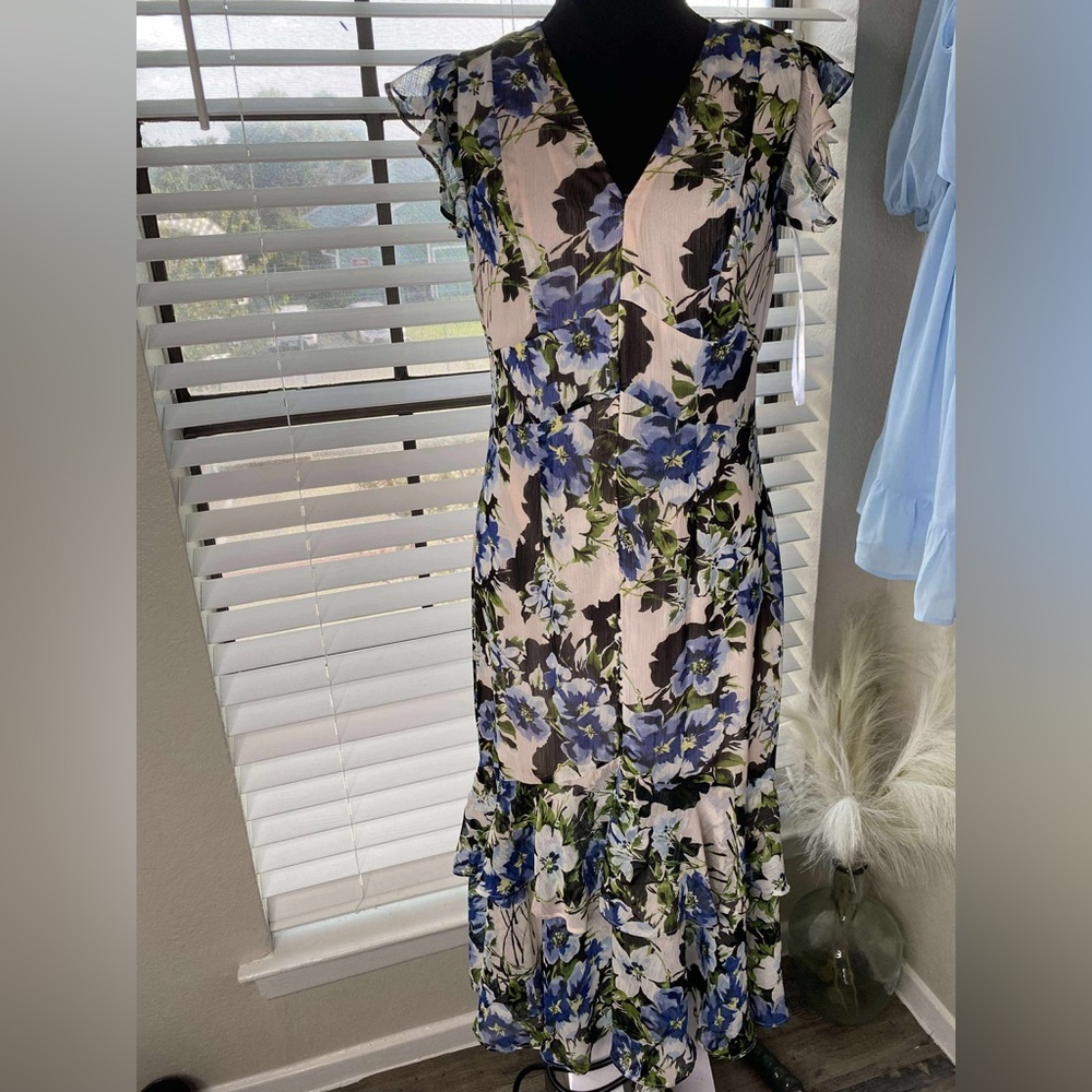 Tommy Hilfiger Midi Blue and Pastel Pink Flowy Dress in